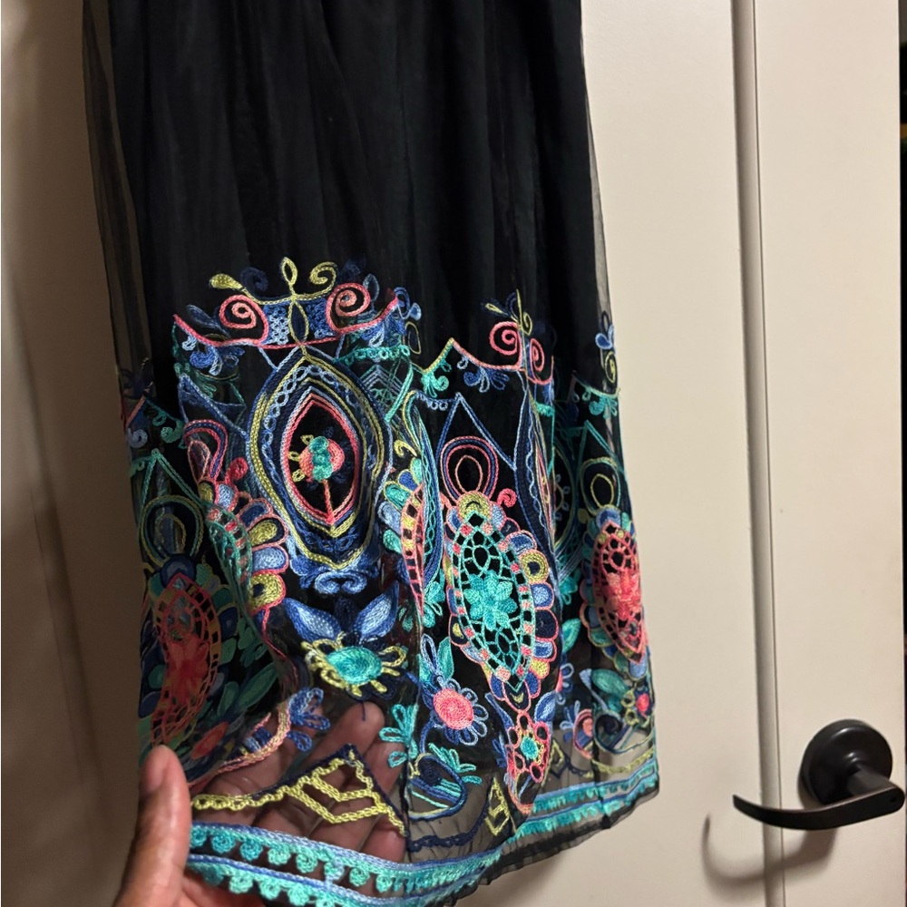 Black Embroidered Maxi Skirt with Multicolor Floral Border - Picture 3 of 4